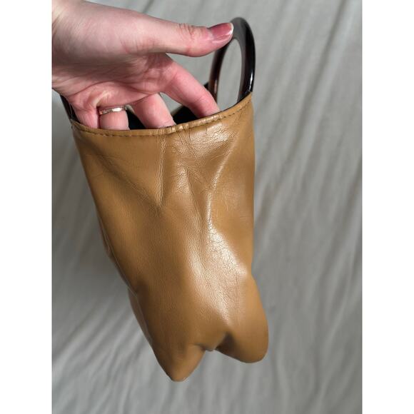 Vintage Tan Smooth Leather Stocko Clutch Purse Handbag Bakelite Lucite Handles - Picture 12 of 13